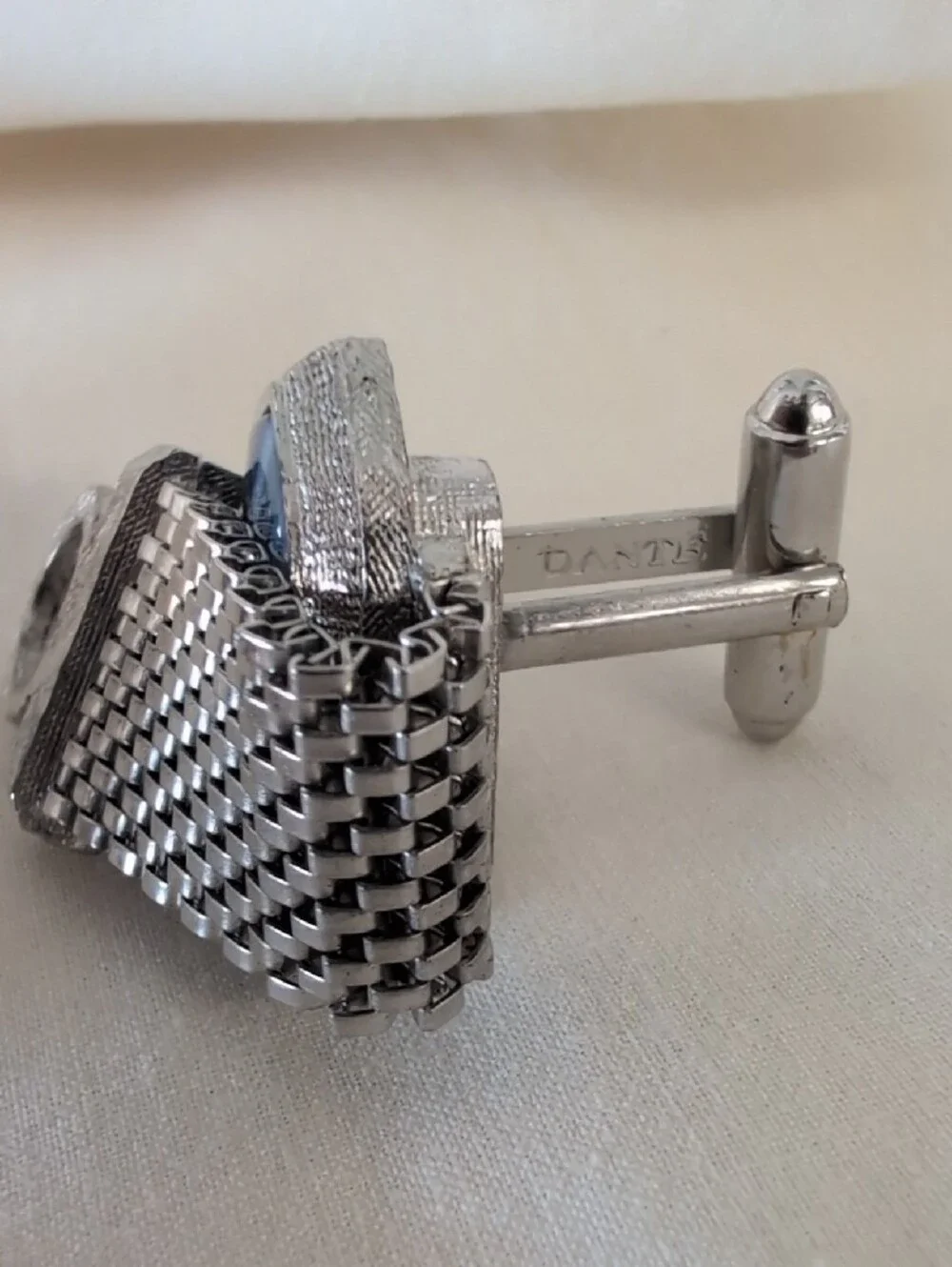 DANTE Vintage Silver Mesh Drop Cufflinks with Blue Gemstone Accent